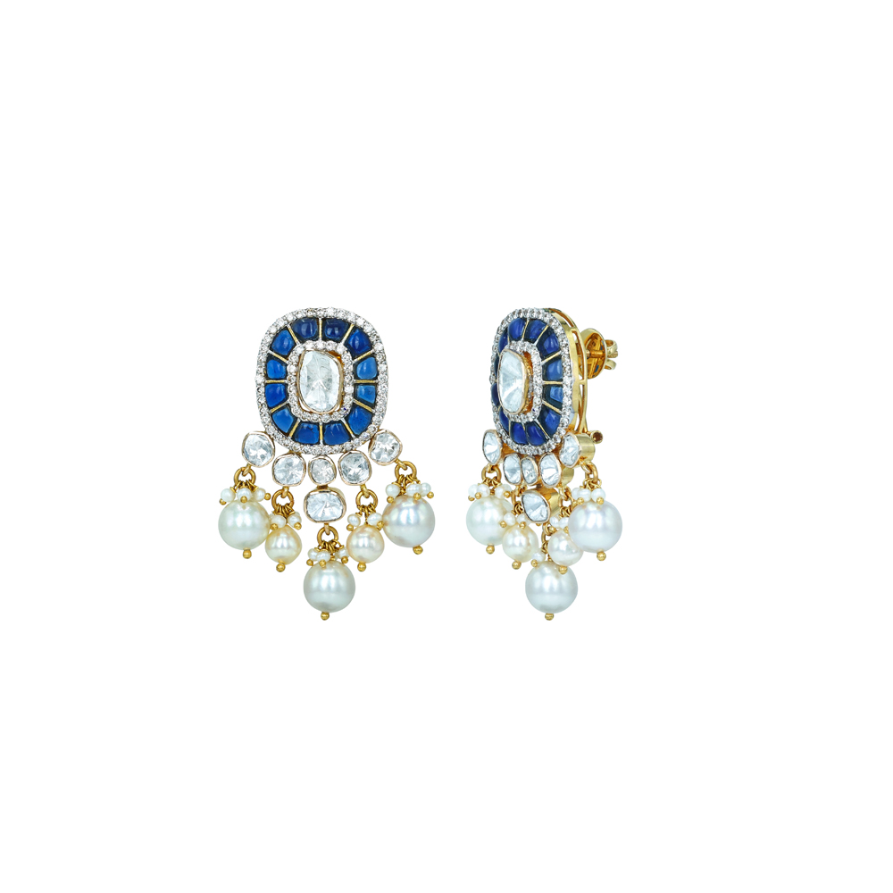 Polki Earrings with Blue Talaf and Pearl Clusters